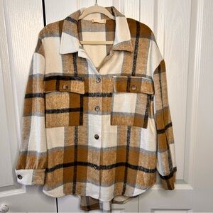 Altar'd State Plaid Oversized Jacket Coat Size Large Brown Black Buttons Pockets